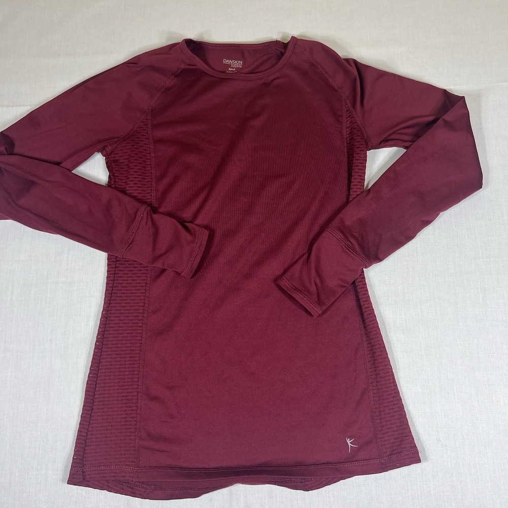 Danskin Now Dri-More Women's XS Fitted Long Sleeve Activewear Shirt Burgundy